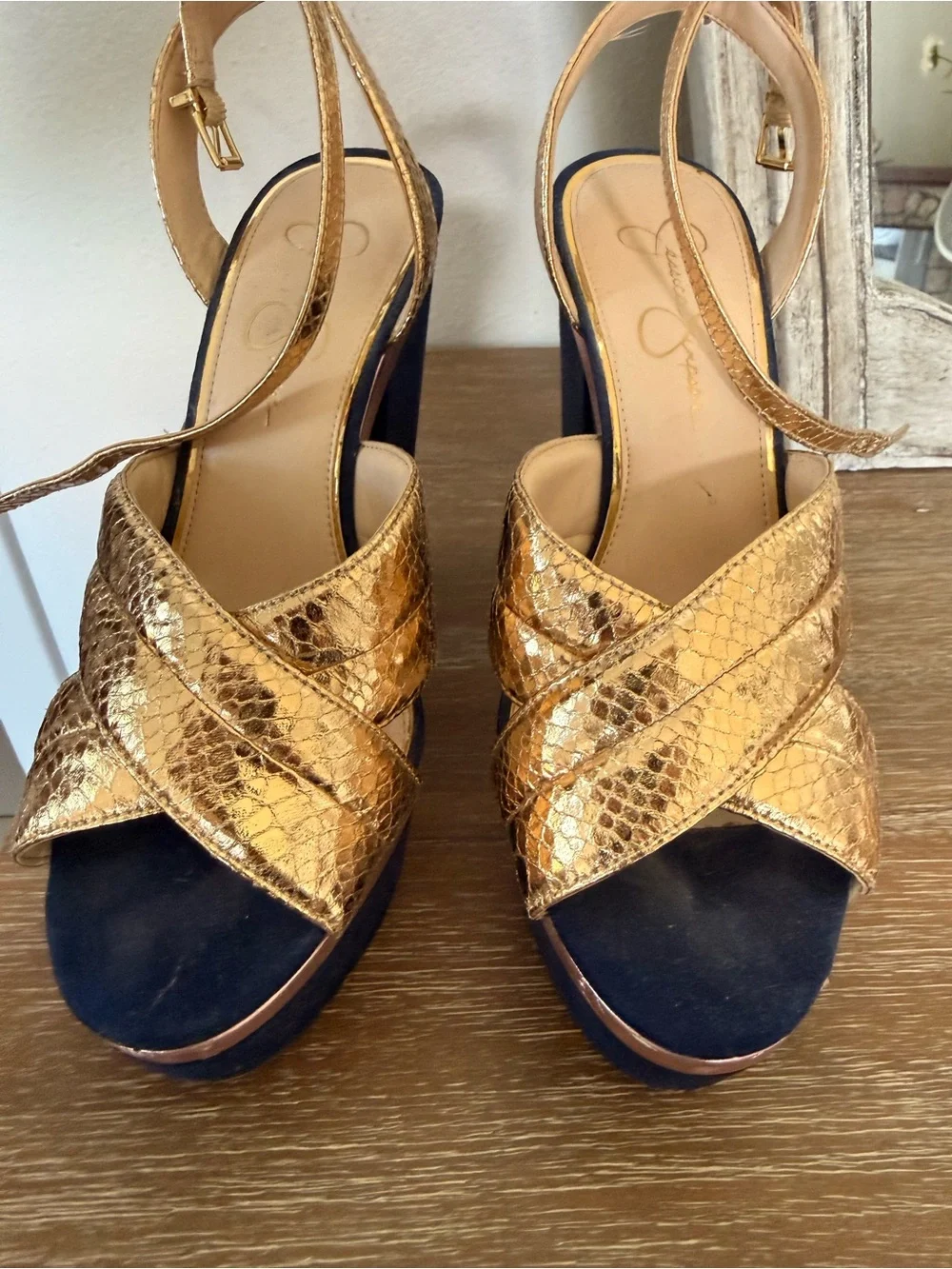 Jessica Simpson Gold Metallic Snake-Print Platform Sandals with Navy Block Heel